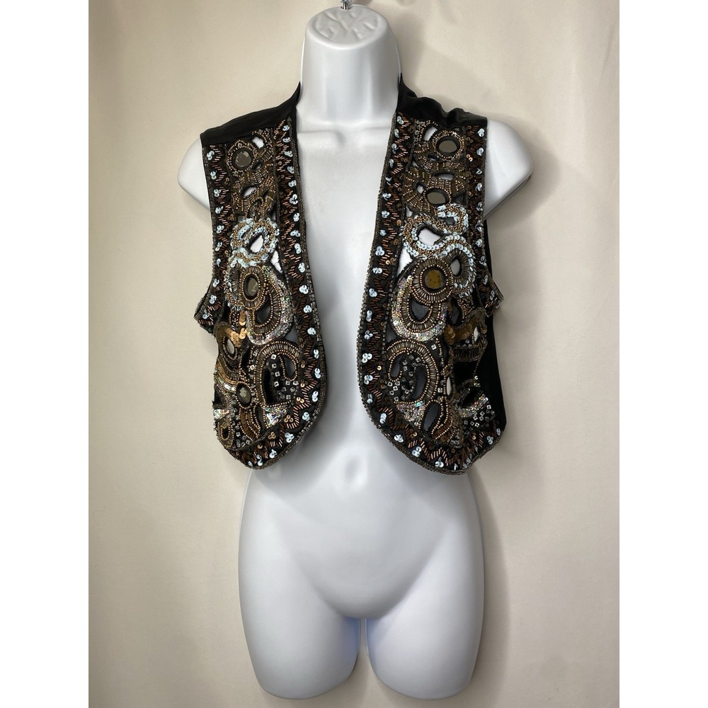 ASHRO Womens Beaded Vest Size 10 Sequins Ethnic Gypsy Boho Victorian Ren Fest